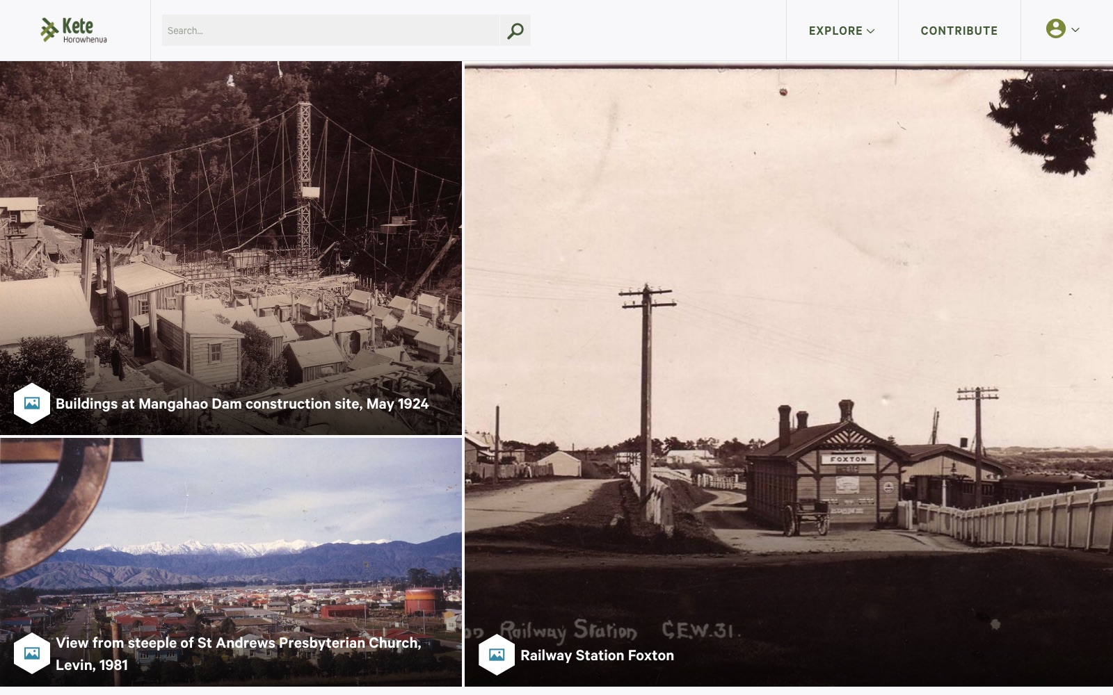 The Kete Horowhenua home page, with tiles of the Mangahao Dam construction site in 1924, Levin in 1981 and Foxton railway station.