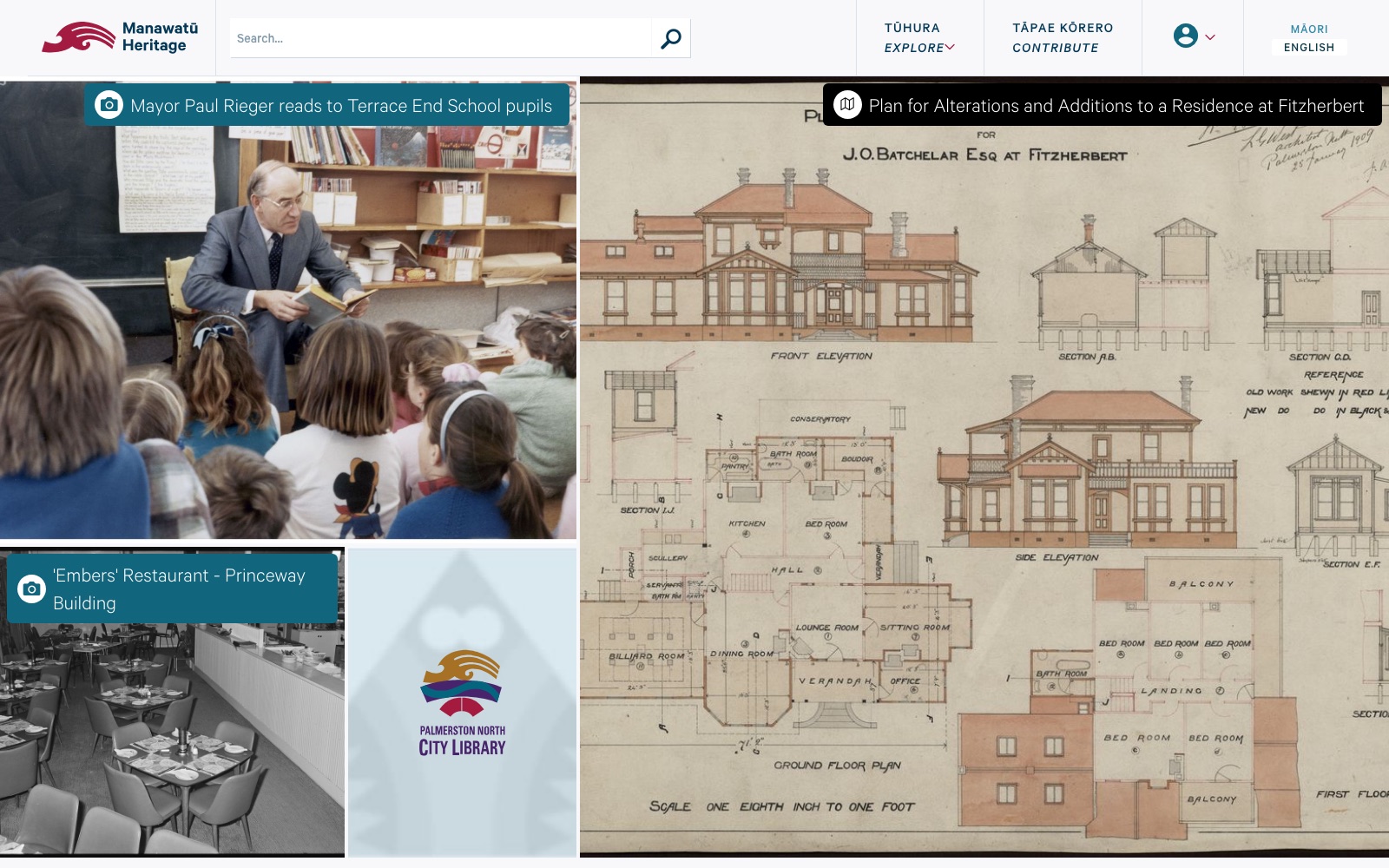 The Manawatū Heritage home page, with a search bar, Explore and Contribute menus, a Māori and English switch, and tiles of a 1970s mayor reading to schoolchildren and a 1909 house plan.
