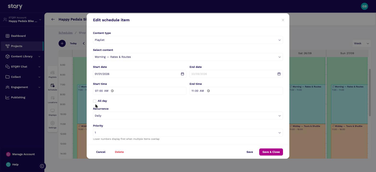 The Edit schedule item form for the Happy Pedals morning block. It plays the Morning playlist from 07:00 to 11:00, repeats Daily, at priority 1.