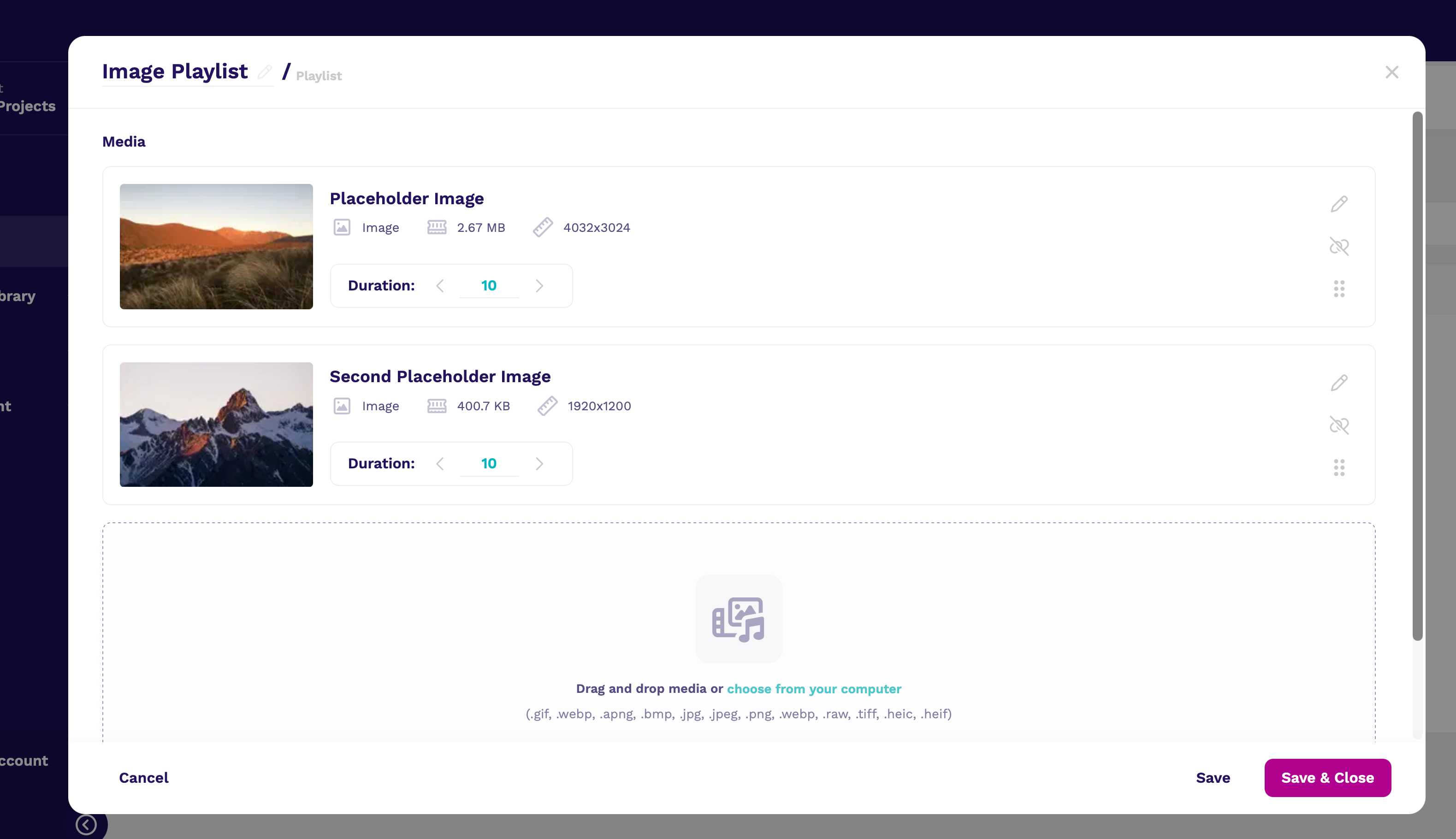 The playlist editor with two images, each set to a duration of 10 seconds, and a drag-and-drop area below for adding more.