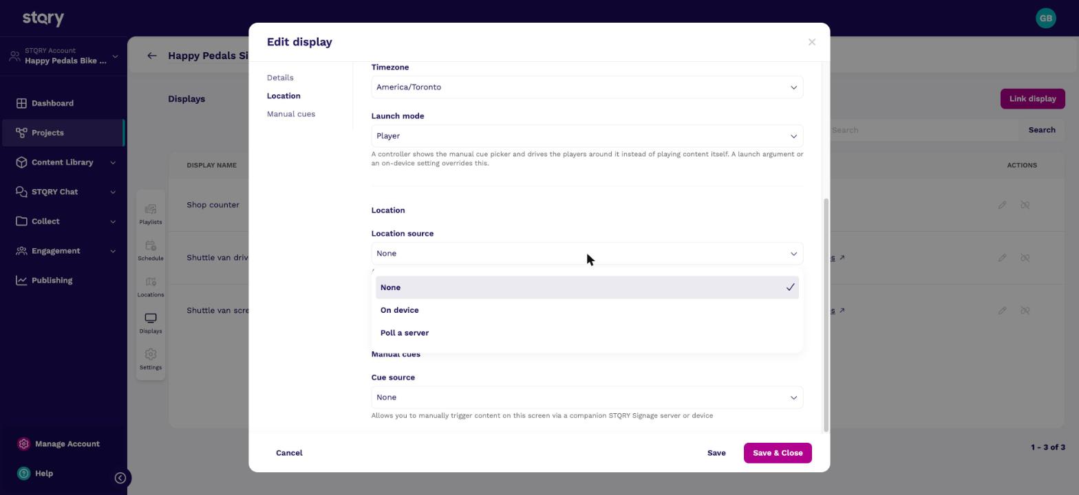 The Edit display form in Builder with the Location source list open, showing None, On device and Poll a server.