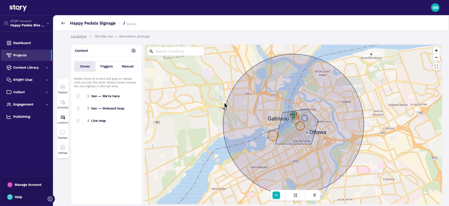 The Happy Pedals shuttle van program in Builder. The Zones tab lists Van, We're here; Van, Onboard loop; and Live map, drawn on a map of Ottawa and Gatineau.